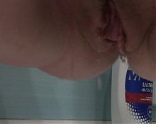 Chubby milf pisses and shows dirty white panties. Big cunt and close-up. Homemade fetish. ASMR. Amateur.