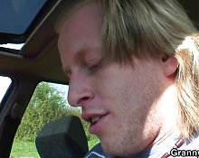 Hitchhiking 80 yo blonde granny riding his dick
