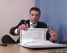 Very old blonde grandma takes two cocks at once