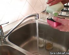 Busty blonde granny pleases two repairmen