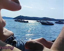 French Milf Handjob Amateur on Nude Beach public in Greece to stranger with Cumshot - MissCreamy