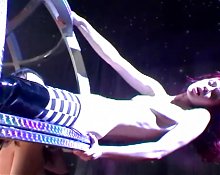 Stuck in a ball, two beautiful lesbians fuck each other with a big red dildo